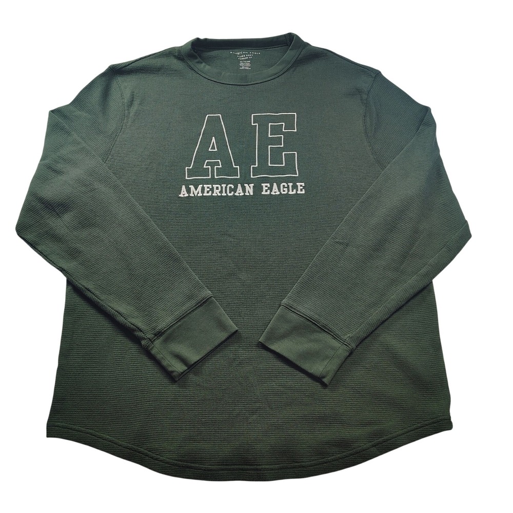 American Eagle Mens XXL Thermal Shirt Waffle Knit Olive Green Logo Standard‎ Fit